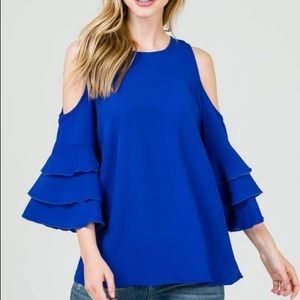Royal Blue Cold Shoulder Trumpet Sleeve Blouse